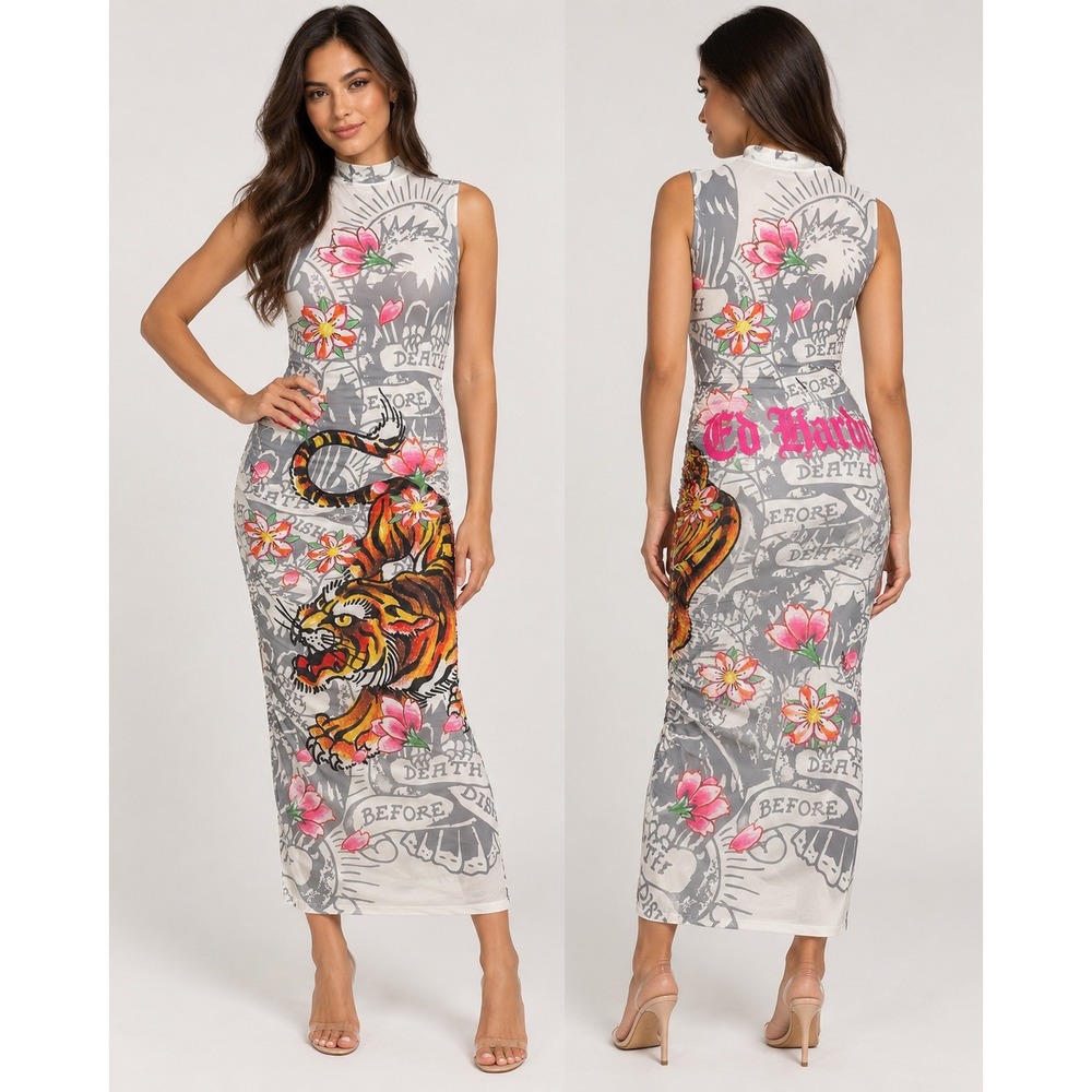 Ed Hardy Death Before Dishonor Maxi Dress Womens L Tiger Skull Y2K Tattoo